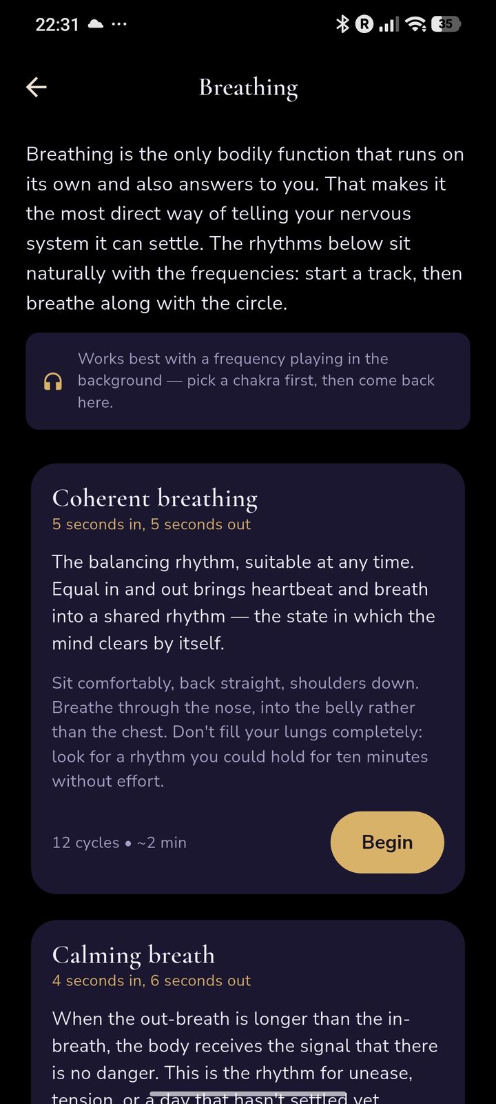 Breathing — guided rhythms alongside the frequencies